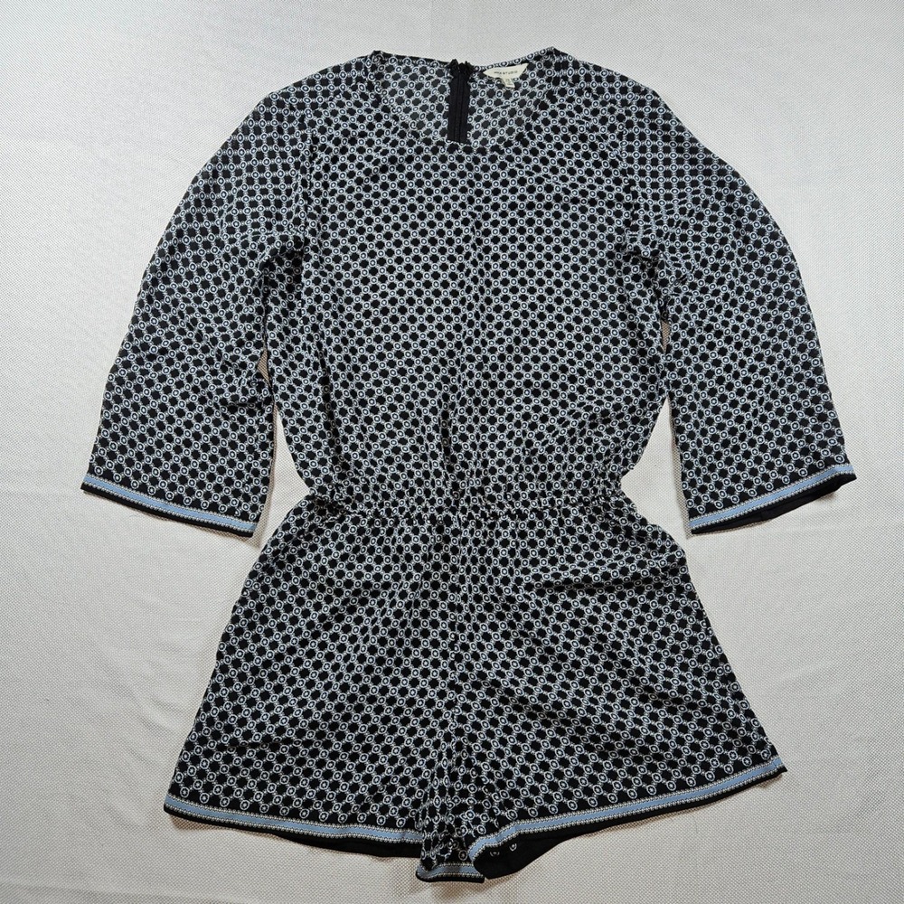 MAX STUDIO Black Geometric Print 3/4 Sleeve Elastic Waist Romper XS Flowy